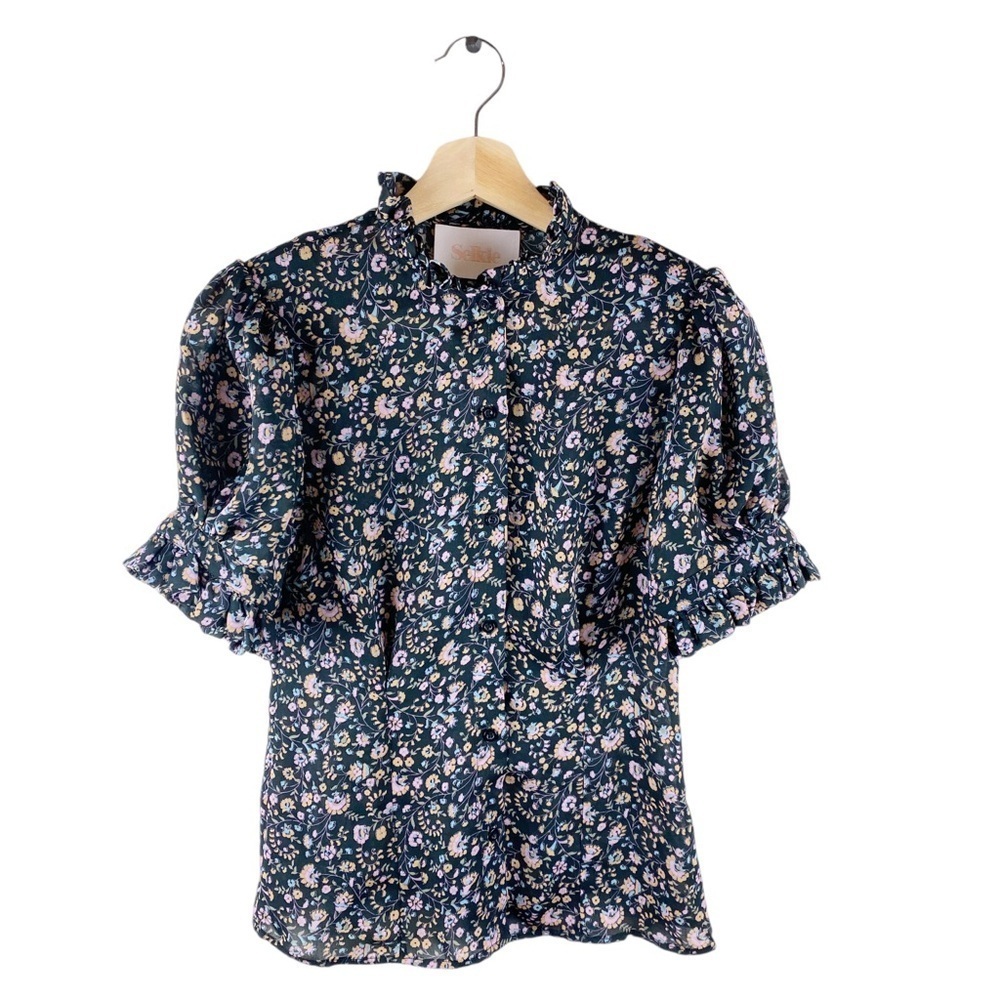 Selkie The Bistro Blouse Puffed Sleeve Button Floral Top Women's Multicolor XS